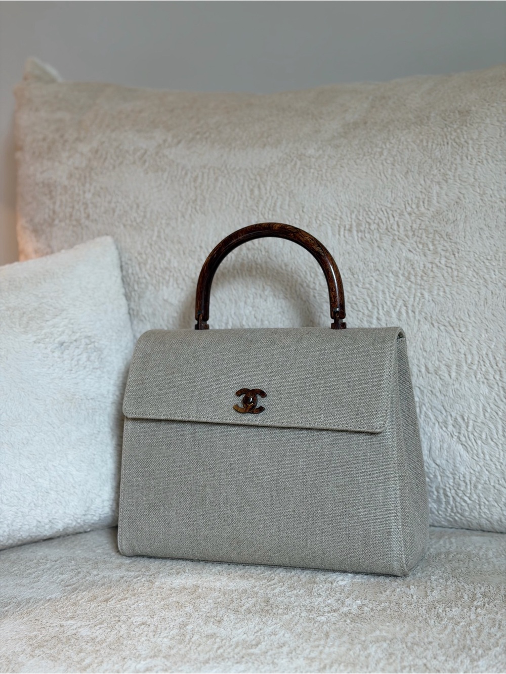 RARE CHANEL vintage 2001 linen tortoise shell Kelly bag